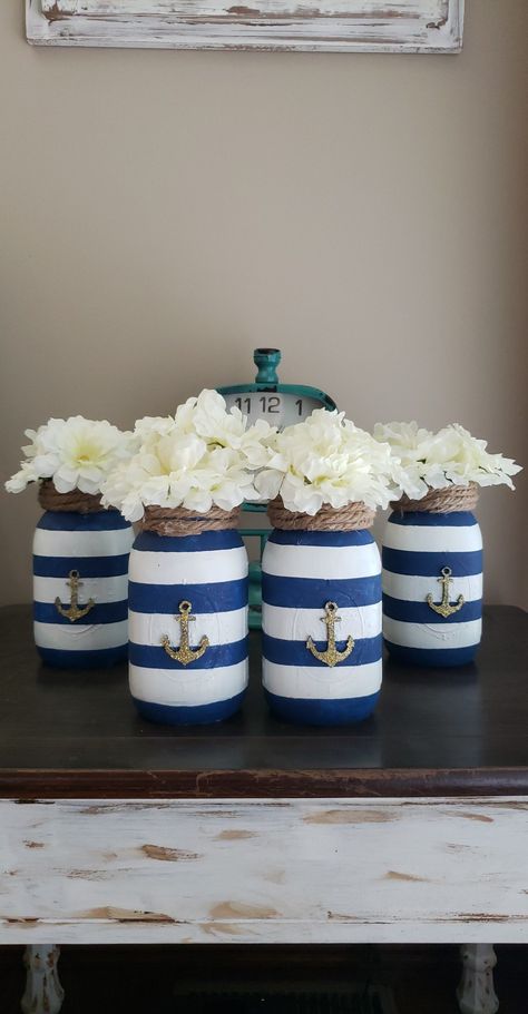 Nautical Baby Shower Boy, Nautical Centerpiece, Baby Shower Nautical, Nautical Decor Diy, Sailor Baby Showers, Shark Baby Shower, Sailor Theme, Railing Designs, Seashell Wind Chimes