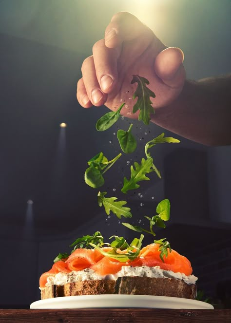 Rocket Leaves Falling From Hand Onto a open smoked salmon and cream cheese sandwhich Fast Food Photography, Chef Pictures, Photography Angles, Art Photography Creative, Smoked Salmon Cream Cheese, Illustration Challenge, Food Layout, Ball Photography, Salmon Cream Cheese