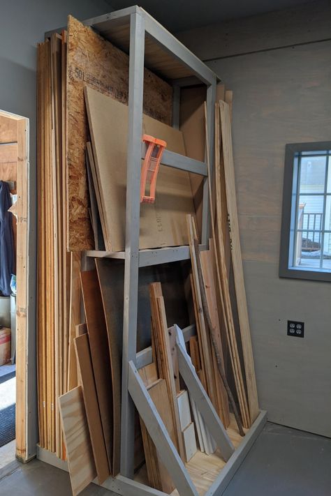 Sheet Good Storage, Plywood Rack Storage Ideas, Wood Sheet Storage, Sheet Goods Storage, Plywood Sheet Storage, Lumber Rack Storage Diy, Plywood Storage Ideas, Plywood Storage Rack, Plywood Rack