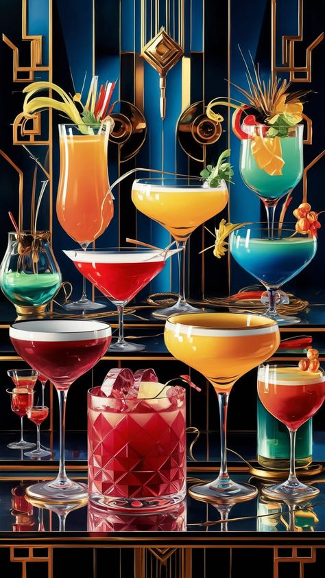 Discover our vibrant cocktail art prints inspired by the elegance of cocktail culture. Featuring colorful drinks arranged on a bar, infused with Art Deco patterns and Impressionist fluidity. Surreal elements like oversized garnishes bring a whimsical touch. Perfect for cocktail lovers and art enthusiasts, these prints capture celebration and sophistication. #CocktailArt #ArtPrints #HomeDecor #Impressionism #ArtDeco #Surrealism Surreal Elements, Art Deco Aesthetic, Colorful Drinks, Art Deco Poster, Deco Poster, Cocktail Art, Art Deco Patterns, Art Party, Impressionism