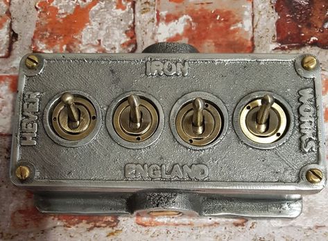 Vintage Industrial Cast Metal 4 Gang Retrofit Light Switch - BS EN Approved Antique Sideboard Buffet, Vintage Light Switches, Steampunk Interior, Sf Art, Antique Sideboard, Steampunk Lamp, Old Room, Light Switches, Industrial House