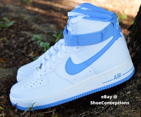 Nike Air Force 1 High OG QS Shoes "UNC" White University Blue DX3805-100 NEW Get a price at https://copapair.com/nike-air-force-1-high-og-qs-shoes-unc-white-university-blue-dx3805-100-new/ Nike Air Force 1 Blue High Top, White And Blue Air Force 1, Blue High-top Nike Air Force 1 For Streetwear, Nike Air Force 1 Blue And White, Air Force High, Blue Synthetic Nike Air Force 1 Sneakers, White Forces, High Air Force 1, Nike Air Force 1 High