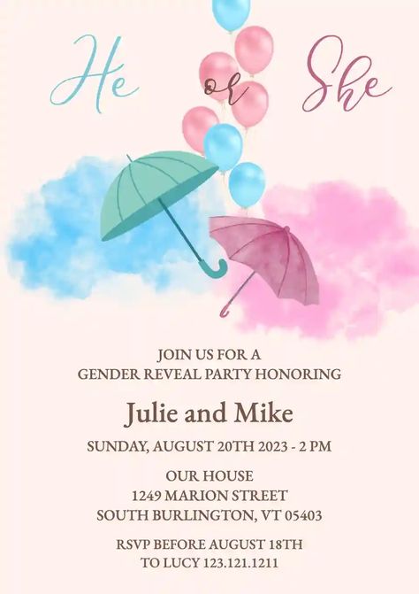 Umbrella Gender Reveal, Gender Reveal Invitations Template, Gender Reveal Party Theme, Online Invitation, Gender Reveal Party Invitations, Invitation Maker, Creative Invitations, Gender Reveal Invitations, Invitation Inspiration