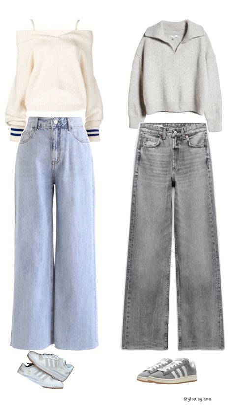 Two cozy yet chic outfits perfect for colder days! Choose between the cream off-shoulder knit paired with light denim and white sneakers, or the gray zip-up sweater with dark jeans and gray kicks. Which one fits your style?  **Hashtags:**   #CozyOutfits #WinterStyle #CasualVibes #ChicAndComfy #FallFashion #StreetStyle #DenimLooks #SweaterWeather #StyledByAna Dark Gray Jeans Outfit, Light Gray Jeans Outfit, Light Grey Jeans Outfit, Gray Jeans Outfit, Grey Sneakers Outfit, Grey Jeans Outfit, Dark Grey Jeans, Cozy Outfits, Casual Glam