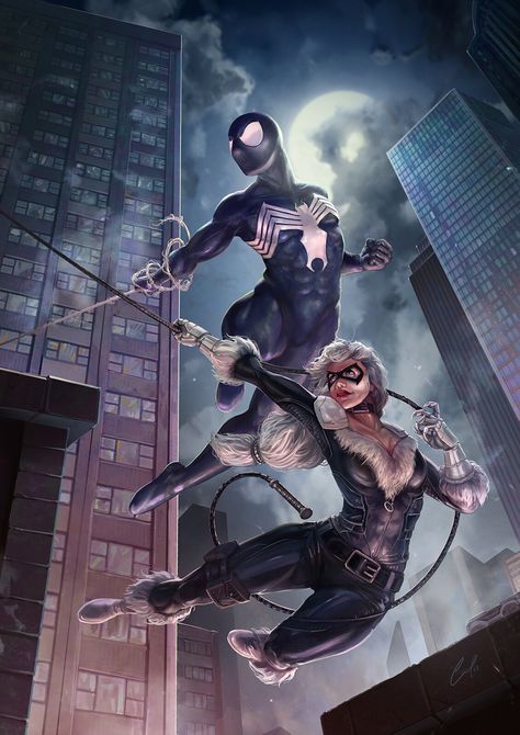 Black Suit Spiderman, Black Cat Artwork, Spiderman Black Cat, Spiderman Man, Symbiotes Marvel, Drawing Superheroes, Black Cat Marvel, Marvel Characters Art, Spectacular Spider Man