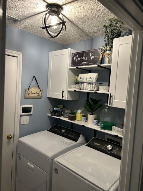 Sherwin Williams Windy Blue gives my remodel the PEACEFUL vibe I wanted coming into my house. LOVE the color! LOVE the space! It makes doing laundry a joy 😉😝 Baby Blue Laundry Room, Blue Laundry Room Ideas, Light Blue Laundry Room, Blue Laundry Room, Windy Blue, Laundry Closet Makeover, Sherwin Williams Blue, Blue Laundry Rooms, Paint Cabinets