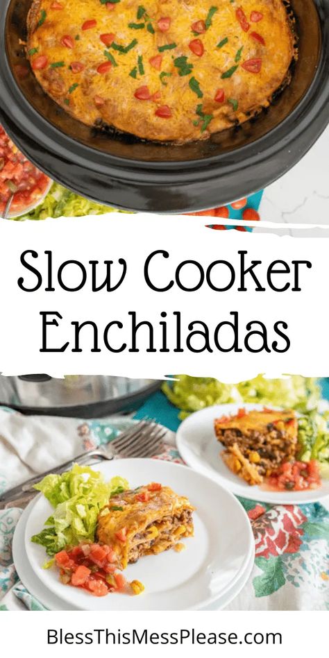 Crockpot Enchilada Casserole, Enchiladas Crockpot, Slow Cooker Ground Beef, Slow Cooker Enchiladas, Ground Beef Enchiladas, Inexpensive Dinners, Enchilada Casserole Recipes, Baked Dinner, Red Enchilada Sauce