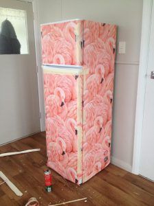 Ugly Fridge, Wallpaper Fridge, Appliance Makeover, Hidden Fridge, Wallpaper For Kitchen Cabinets, Refrigerator Makeover, Paint Refrigerator, Fridge Makeover, Painted Fridge