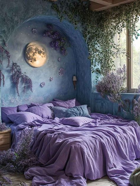 Exquisite Witchy Bedroom Ideas to Create the Perfect Sacred Nest - The Mood Guide Whimisgoth Aesthetic, Esoteric Bedroom, Whimsigoth Bedroom Aesthetic, Unusual Bedroom Ideas, Dark Witch Aesthetic Bedroom, Blue And Purple Bedroom Ideas, Dark Purple Bedroom Walls, Whimsigoth Interior, Moody Purple Bedroom