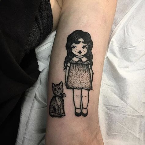 Blackwork little girl tattoo by Sarah Whitehouse. #SarahWhitehouse #Manchester #UK #blackwork #littlegirl #kid #girl #cute #adorable #dotwork Kitten Tattoo, Red Rose Tattoo, Creepy Tattoos, Healing Tattoo, Spooky Tattoos, Tattoo Style Drawings, Girl Tattoo, Tattoo Outline, Black Ink Tattoos