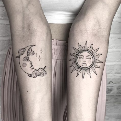 Laura May Gascoyne on Instagram: “As I’m sure you all can tell I LOVE tattooing suns and moons! This pair for Dil today were a lot smaller and more intricate than usual…” Sun Moon Tattoo, Sun And Moon Tattoos, Sky Tattoos, Left Arm Tattoos, Twin Tattoos, Cute Simple Tattoos, Back Of Arm Tattoo, Sun And Moon Tattoo, Moon Tattoos