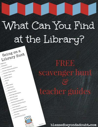 What Can You Find at the Library? - over at Blessed Beyond a Doubt Passive Programming Library, School Library Lessons, Library Orientation, Library Lesson Plans, Library Games, Library Week, Library Media Specialist, Middle School Libraries, Library Media Center