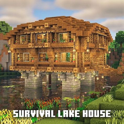 Minecraft Lake House Ideas, Minecraft House Ideas Survival, Minecraft Lake House, Minecraft Lake, Minecraft Homes, Minecraft Survival House, Aesthetic Town, Minecraft Build Ideas, Survival Minecraft