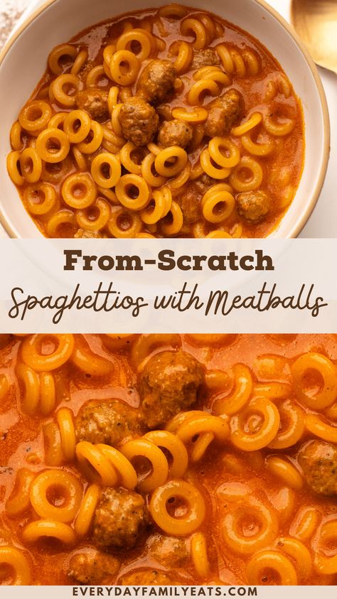 Make your favorite childhood lunch from a can, but better, with a few simple ingredients. These Homemade Spaghetti O's with Meatballs are a super fun one-pot 15-minute easy lunch or dinner. One Pot Homemade O’s, Homemade Spagetti O's, Spaghetti Os And Meatballs Recipe, The Best Spaghetti And Meatballs, Homemade Speggettios, Quick And Easy Dinner Recipes With Meatballs, Homemade Spaghetti Os With Meatballs, Spaghettios And Meatballs Recipe, Home Made Spaghetti O's