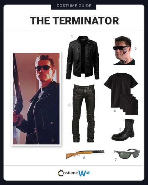 The best costume guide for dressing up like The Terminator, the cyborg assassin played by Arnold Schwarzenegger in the hit 1984 sci-fi film. Famous Movie Characters Costumes, Terminator Costume, Casual Halloween Outfits, Movie Character Halloween, Dc Costumes, Horror Halloween Costumes, Costume Guide, Best Costume, Horror Costume