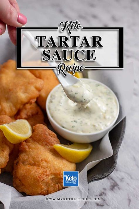 The BEST EVER Keto Tartar Sauce - QUICK Homemade Recipe. This low carb condiment recipe is quick and easy to make. It's high in fat and high on flavor. Perfect served with seafood, it's healthy and paleo. #ketorecipes Keto Tartar Sauce Recipe, Keto Tartar Sauce, Low Carb Tartar Sauce, Keto Condiments Recipes, Keto Gravy, Keto Sauce, Keto Condiments, Keto Dips, Condiments Recipes