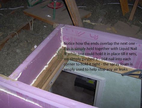 a diy attic hatch option, home maintenance repairs, how to, It really isn t that difficult to cut or notch around any obstructions You can easily see how we left the end pieces long to overlap the sides which were attached with Liquid Nail Attic Library, Garage Attic, Attic Office, Attic Renovation Ideas, Attic Doors, Attic Ladder, Attic Playroom, Attic Loft, Attic Insulation