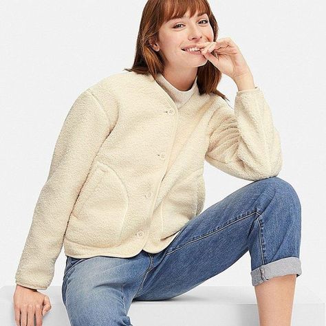 Uniqlo Fleece Collarless Jacket Fleece Jacket Outfit, Collarless Jacket, Uniqlo Women, Jacket Outfit, Black And White Aesthetic, Womens Fleece, Winter Coats Jackets, Fall Trends, Outerwear Women