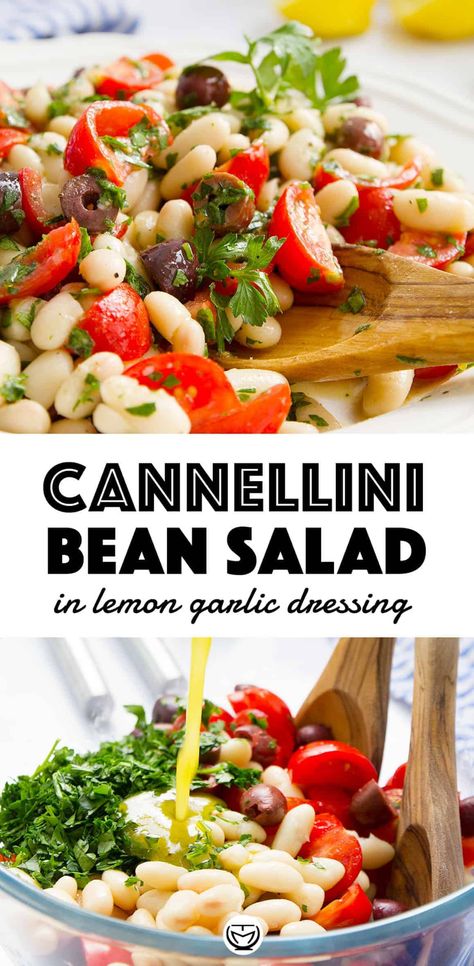 This easy salad combines canned cannellini beans with tomatoes, olives, and refreshing parsley and a fantastic lemon garlic dressing. If you love quick and easy dinner recipes, this delicious salad is for you! #veganrecipes #cannellinibeanrecipes #cheapdinners #healthyrecipes #quickmeals #mealprep #saladrecipes #glutenfreerecipes #beans #quickandeasydinnerrecipes Lemon Garlic Dressing, Vegan Bean Salad, Cannellini Beans Recipes, Cannellini Bean Salad, Veg Meals, Cannellini Bean, Garlic Dressing, Summer Flavors, Quick And Easy Dinner Recipes