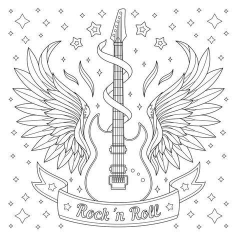 Rock And Roll Coloring Pages, Band Coloring Pages, Roll Banner, Page Illustration, Music Coloring, White Drawing, Feather Wings, Embroidery Neck Designs, Music Images