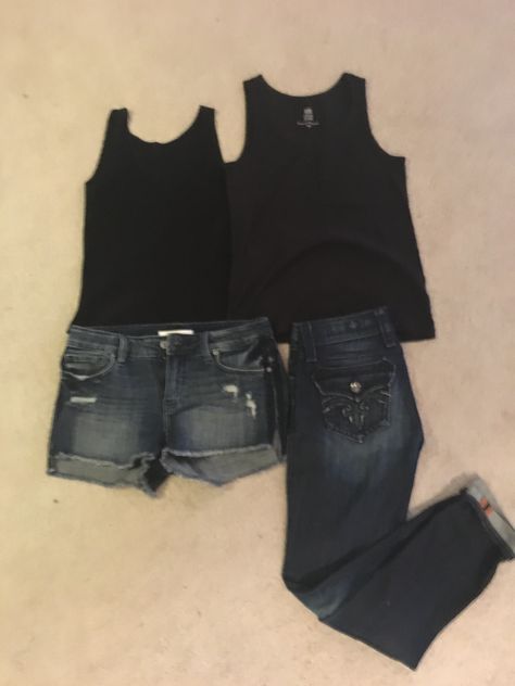 Black tanks with shorts or jeans (on shelf) Black Tank, Shelves, Pants, Clothes, Black, Trousers