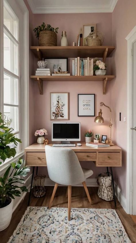 40 Feminine Small Home Office Ideas For Women Small Two Desk Office, Home Office Angled Walls, Small Office Corner In Bedroom, Apartment Office Ideas Small Living Room, Calming Home Office Colors, Tiny Office Space Ideas Workspaces, Home Office Alcove, Home Office Design Small Space, Home Office With 2 Monitors