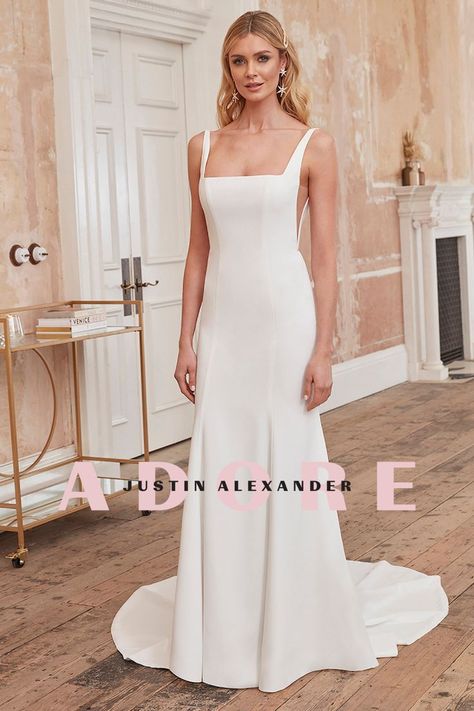 This demure crepe fit and flare wedding dress is cut to perfection with its refreshing square neckline, sultry deep-V illusion side cutouts and open square back. The princess seams down the front and back will elongate the body, making every bride look and feel taller. Crepe covered buttons flow beautifully to the end of the chapel length train. Square Neckline Wedding Dress, Square Neck Wedding Dress, Wedding Dresses Near Me, Wedding Dresses Australia, Square Neckline Dress, Sincerity Bridal, Simple Wedding Gowns, Wedding Dresses Uk, Neck Wedding Dress