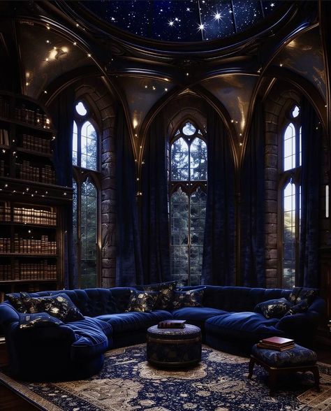 Dark Academia Living Room, Castle Dark, Vintage Sconces, Ravenclaw Aesthetic, Dream Library, Fantasy Rooms, Castles Interior, Dark Home Decor, Goth Home