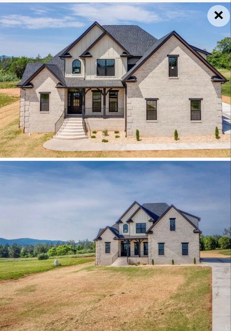 Light House Exterior With Dark Trim, Light Brick House Exterior Dark Trim, Light Brick Colors For House Exterior, Light Brick House Exterior, Roof Shingle Colors, Green Exterior House Colors, Backyard Vacation, Light Brick, Pulte Homes