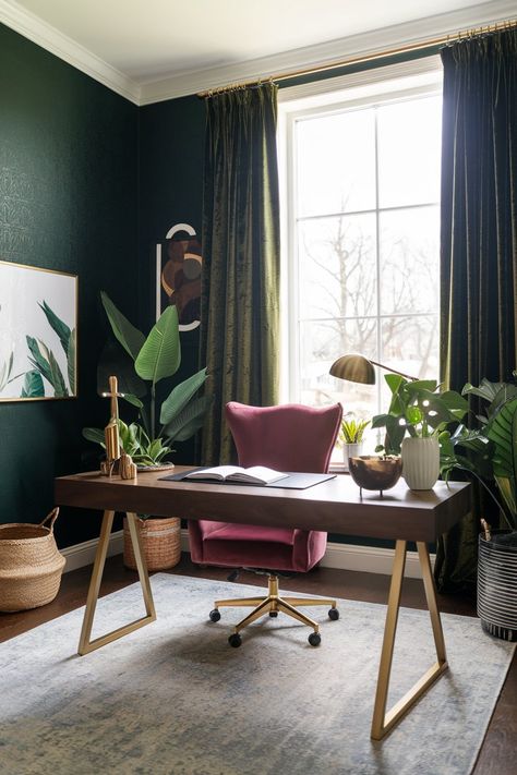 14 Moody Green Home Office Ideas to Inspire a Calm and Stylish Workspace - My Decor Inspo Green Home Office Ideas, Sage Green Office, Small Rustic Bathroom Ideas, Green Office Decor, Green Home Office, Small Rustic Bathroom, Loft Home Office, Natural Wood Kitchen Cabinets, Green Home Offices