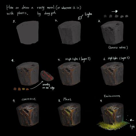 Rust Digital Art Tutorial, How To Draw Rusty Metal, Rust Drawing Texture, Rust Drawing, Ching Yeh, Painting Rusty Metal, Material Reference, Metal Drawing, Copper Painting