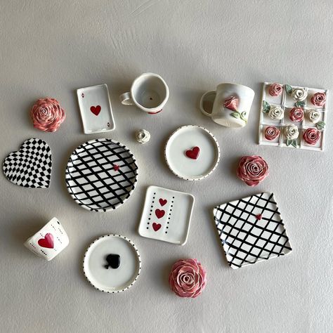 ⏱️♟️🐇My “Wonderland” collection is all about believing in a little bit of magic. With each checkerboard and rose, I invite you to believe that anything is possible! ♥️ As Alice herself realized, “It’s no use going back to yesterday, because I was a different person then.” Let these pieces be a part of your today, and join us in creating your tomorrow at our Wonderland Workshop 🎩🪄 Alice In Wonderland Ceramic Ideas, Alice In Wonderland Ceramics, Alice In Wonderland Pottery, Different Person, Pottery Workshop, Ceramics Projects, Anything Is Possible, Pottery Painting, Ceramic Artists