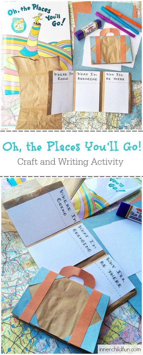 This suitcase craft and writing activity inspired by the Dr. Seuss book Oh, the Places You'll Go! was a big hit with my kids! Here's how to make your own. Oh The Places You Will Go Activities Preschool, Dr Seuss Oh The Places You Will Go, Oh The Places You Will Go Activities, Dr Seuss Activities Kindergarten, Oh The Places You’ll Go Craft, All The Places You Will Go Dr Seuss, Oh The Places You Will Go Craft, Suitcase Craft, Integrated Curriculum