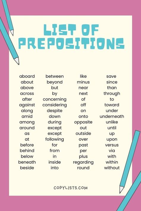 a list  of prepositions surrounded by cartoon pencils. The link will lead to a readable text list of prepositions. Types Of Prepositions, List Of Prepositions, Antonyms Words List, Synonyms And Antonyms, A Sentence, English Vocabulary Words Learning, Parts Of Speech, Word List, English Vocabulary Words