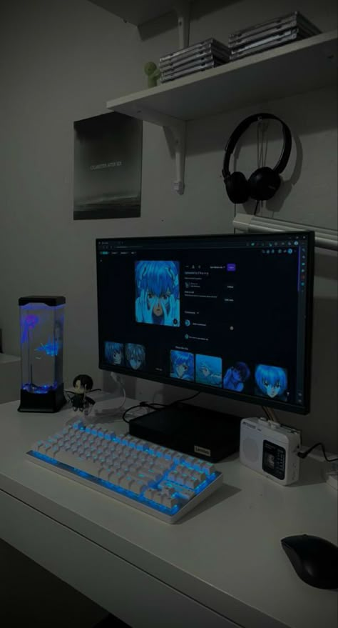 Cybercore Desk Setup, Gaming Set Up Aesthetic Black, Korean Gaming Room, Black White And Blue Gaming Setup, Rgb Desk Setup, Cybercore Gaming Setup, Cybercore Pc Setup, Cybercore Room Ideas, Leafaye01 Room