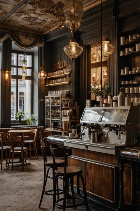 Tea Shop Interior Vintage, Countryside Coffee Shop, Coffee Shop Store Fronts, Vintage Cafe Interior Design Rustic, Coffee Shop Cozy Interiors, 1920s Coffee Shop, Dark Academia Cafeteria, Cozy Cafe Aesthetic Dark, Dark Moody Coffee Shop