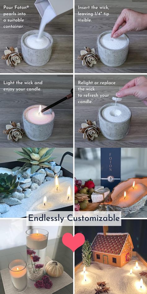 ENDLESSLY CUSTOMIZABLE - Turn any container into a unique candle NATURAL & ECO-FRIENDLY - Plant-based candle pearls burn cleanly with minimal smoke. NEW EVERY TIME - Replace the wick to make a brand-new candle each time you use it REUSABLE - No waste, use up the entire product, no leftover container UNSCENTED - Enjoy for the ambiance only, or ADD ESSENTIAL OILS close to the wick before lighting it to give it your own scent! #candles #Foton #ecofriendly #wedding #ad Unique Candle Containers, Pearled Candle, Sand Candle, Candle Kit, Luxury Powder, Pearl Candle, Sand Candles, Unique Candle, Jar Candles