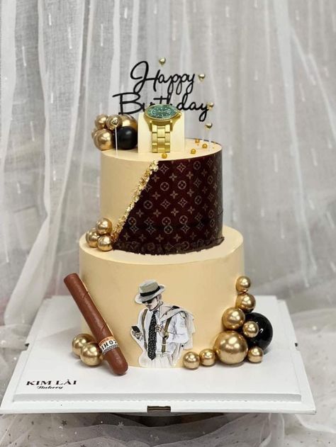 Lv Cake For Men, Two Tier Cake For Men, Luxury Cake For Men, Masculine Cakes For Men, Masculine Birthday Cake, Men Cakes Birthday, Lv Cake, 60th Birthday Cake For Men, Masculine Cake