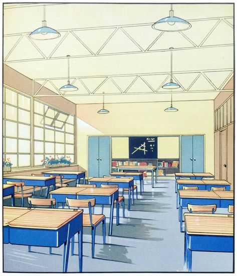 Illustrations from The Function of Colour in Factories, Schools and Hospitals, Jenson & Nicholson Ltd. (1930). Classroom Interior, Perspective Drawing Architecture, Perspective Drawing Lessons, Perspective Drawing, Architecture Illustration, Abandoned Houses, Colour Schemes, Art Plastique, Architecture Drawing