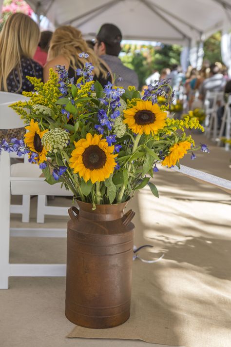 Large Ceremony Floral Arrangements with Sunflowers in milk can Venue: Jackson Rancheria Casino Resort Flowers: Wildflowers at Jackson Rancheria  Rustic Burlap and Lace Country Wedding Navy Blue and Sunflowers Ceremony Floral Arrangements, Flowers Arrangements Wedding, Burlap Sunflower, Bbq Birthday, Navy Wedding Flowers, Wedding Flowers Sunflowers, Sunflower Arrangements, Wedding Navy, Sunflower Themed Wedding