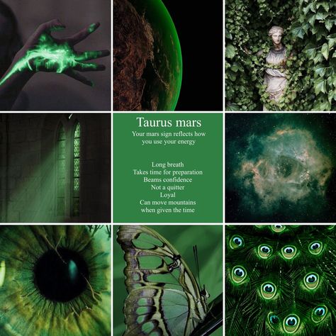 Taurus Aesthetic Moodboard, Green Astrology Aesthetic, Taurus Mars Aesthetic, Green Energy Aesthetic, Mars Taurus, Astro Outfits, Taurus + Core + Aesthetic, Astrological Aesthetic, Mars In Taurus