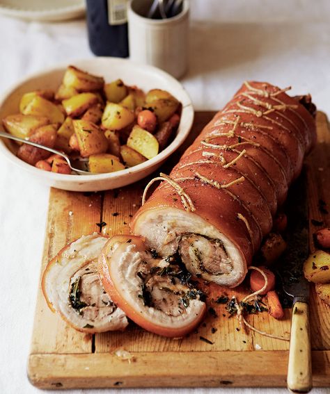 Traditionally in Italy, porchetta is a whole young pig flled with lots of fresh herbs and slow- roasted. Here, chef Gennaro Contaldo uses pork belly for a similar effect. Gennaro Contaldo Recipes, Porchetta Recipe, Porchetta Recipes, Gennaro Contaldo, Delicious Magazine, Baked Vegetables, Slow Roast, Pork Dishes, Jamie Oliver