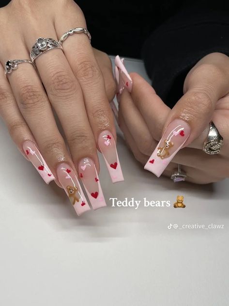 Bear Nails, Bears Nails, Vintage Nails, Diy Acrylic Nails, Glow Nails, Long Acrylic Nails Coffin, Acrylic Nails Coffin Pink, Unique Acrylic Nails, Pink Acrylic Nails