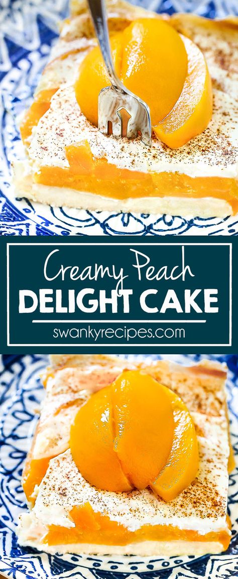 Peach Delight is a very easy cake recipe made with butter, yellow cake mix, canned peaches, sour cream, egg yolks, and cinnamon and it's the easiest cake this summer. A perfect casserole dessert cake with peaches and a creamy cool topping for summer parties and cookouts! #dumpcake #cakemix #delight #cake #peaches Butter Yellow Cake, Cake With Peaches, Quick Summer Desserts, Peach Delight, Easy Cake Recipe, Peach Recipes, Butter Pecan Cookies, Seasonal Fruit, Amazing Desserts