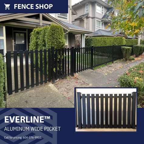 Check out our Aluminum Wide Picket by EVERLINE™️. Call for pricing: 604-576-9910 #aluminum #aluminumfence #blackfence #fencesupply #fenceinstallation #contractor #fenceinstaller Black Picket Fence Front Yards, Picket Fence Front Yard, Black Picket Fence, Fence Front Yard, Vinyl Picket Fence, Black Fence, Front Yards, Aluminum Fence, Picket Fence