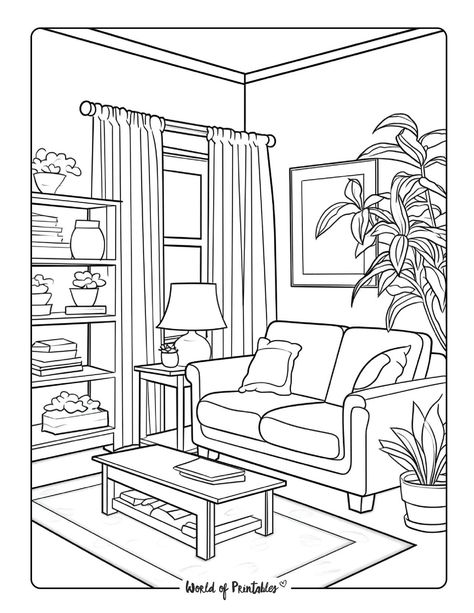 Room Coloring Pages, Tattoo Ideas For Guys, Perspective Room, Cat Tattoo Ideas, Drawing Colouring, Creative Haven Coloring Books, Cozy Bedrooms, Pen Drawings, Color Drawing Art