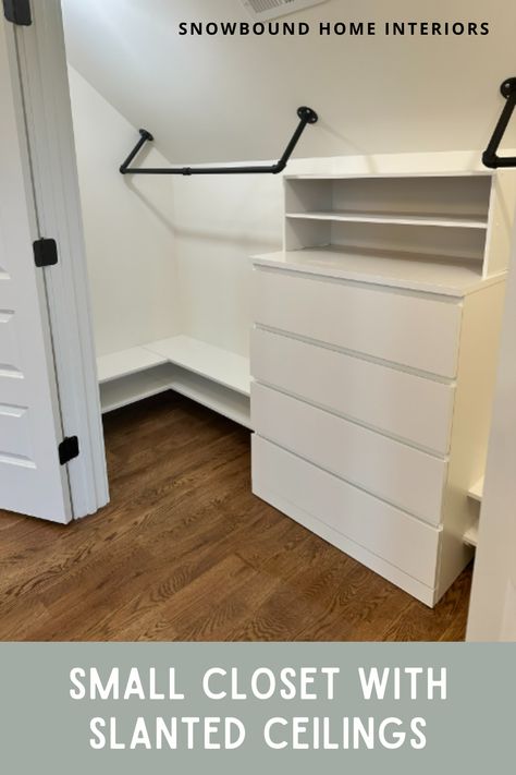 Built In Closet Slanted Roof, Walk In Closet With Slanted Walls, Storage For Angled Ceilings, Small Bedroom Angled Ceilings, Farmhouse Bedroom Slanted Ceiling, Trim On Slanted Ceiling, Attic Closet Organization Ideas, Open Closet Slanted Ceiling, Half Wall Closet Ideas