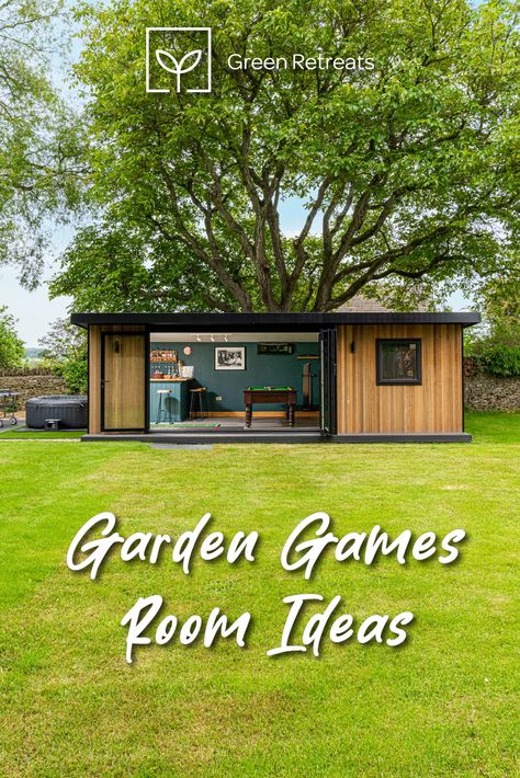 Rustic Garden Room Ideas, Garden Games Room And Bar, Outdoor Games Room Ideas, Large Garden Room Ideas, Garden Games Room Ideas, Garden Room Ideas Uk, Garden Design With Outbuilding, Teenage Garden Hangout, Outdoor Game Room Backyards