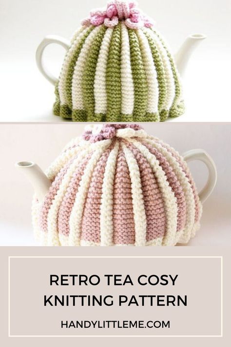 Tea cosy knitting pattern. Make a retro style tea cozy with this free pattern. #teacosy #teacozy #knitting #knittingpattern #knitcozy Knit Tea Cozy Pattern Free, Crochet Tea Cosy Free Pattern, Knit Tea Cozy Pattern, Knit Tea Cozy, Tea Cosy Pattern, Tea Cosy Knitting Pattern, Tea Cozy Pattern, Knitted Tea Cosies, Crochet Tea Cozy