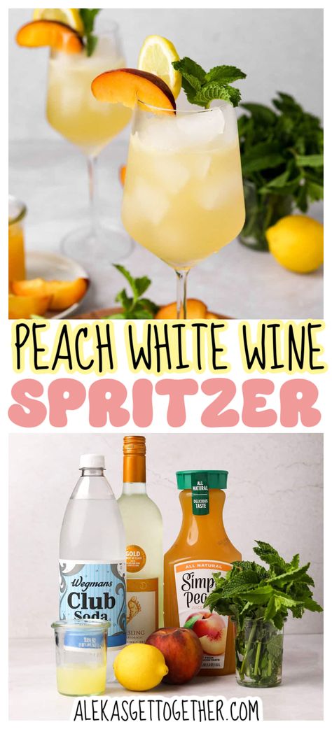 This peach white wine spritzer is the epitome of summer! The combination of soda water, lemon juice, peach juice and crisp white wine is so delicious and refreshing. I suggest making a big batch and adding the bubbly LAST to make sure it does not go flat before serving. (See more tips below!) Moscato Drinks Recipes, Peach Spritzer Cocktails, White Wine Cocktail Recipes, Summer Spritzer Cocktails, Spritzer Cocktails, Spritzer Drink, Wine Spritzer Recipe, Spritz Cocktails, Wine Mixed Drinks